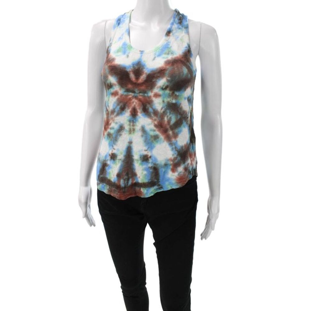 YFB Womens Sleeveless Linen Scoop Neck Geometric Basic Tank Blue Size XS